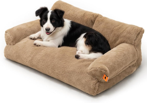 Dog Couch, Supportive Small Dog Bed for Puppy and Cats with Removable Washable Cover, Fluffy Cat Couch with Non-Slip Bottom (Camel, 26.0" L X 19.0" W X 13.0" Th)