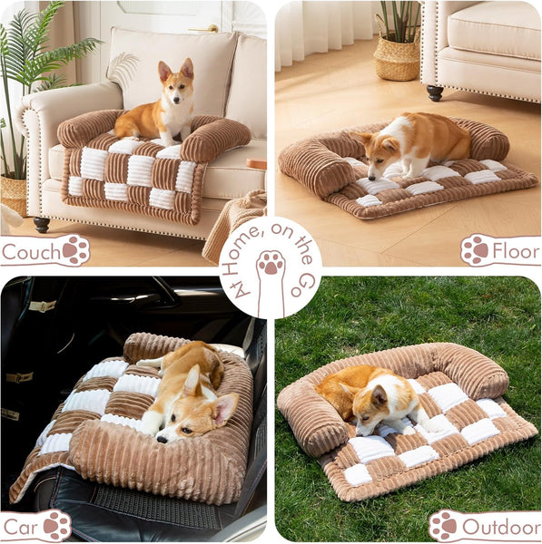 Dog Bed for Couch with Bolster, Comfy Couch Cover for Dogs Washable, Non-Slip Plush Furniture Protector, Calming Fuzzy Lounge Mat, Pet Sofa Accessories (Brown, Small)