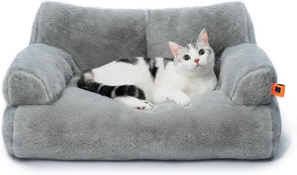 Dog Couch, Supportive Small Dog Bed for Puppy and Cats with Removable Washable Cover, Fluffy Cat Couch with Non-Slip Bottom (Camel, 26.0" L X 19.0" W X 13.0" Th)