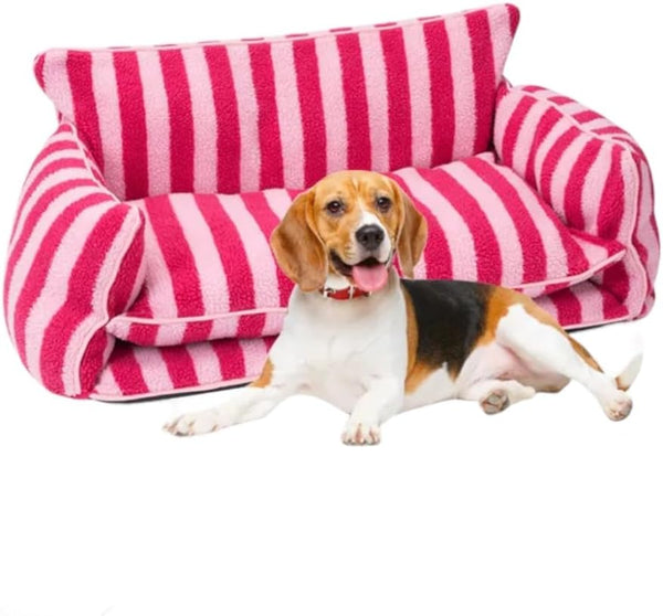 Dog Bed, Sofa Style Dog Couch for Pets, Plush Faux Sherpa, Machine Washable, Striped Pattern, Calming Comfort, Durable Construction, Easy to Clean, Grey/White, Medium