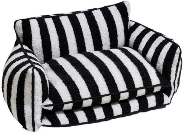 Dog Bed, Sofa Style Dog Couch for Pets, Plush Faux Sherpa, Machine Washable, Striped Pattern, Calming Comfort, Durable Construction, Easy to Clean, Grey/White, Medium