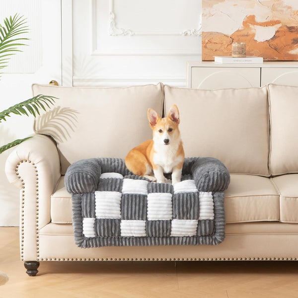 Dog Bed for Couch with Bolster, Comfy Couch Cover for Dogs Washable, Non-Slip Plush Furniture Protector, Calming Fuzzy Lounge Mat, Pet Sofa Accessories (Brown, Small)