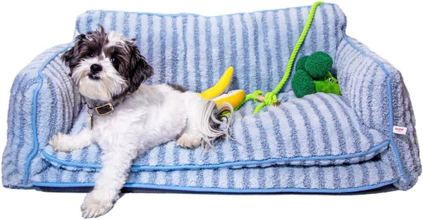 Dog Bed, Sofa Style Dog Couch for Pets, Plush Faux Sherpa, Machine Washable, Striped Pattern, Calming Comfort, Durable Construction, Easy to Clean, Grey/White, Medium