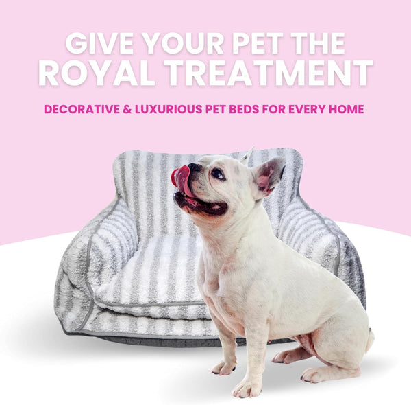Dog Bed, Sofa Style Dog Couch for Pets, Plush Faux Sherpa, Machine Washable, Striped Pattern, Calming Comfort, Durable Construction, Easy to Clean, Grey/White, Medium