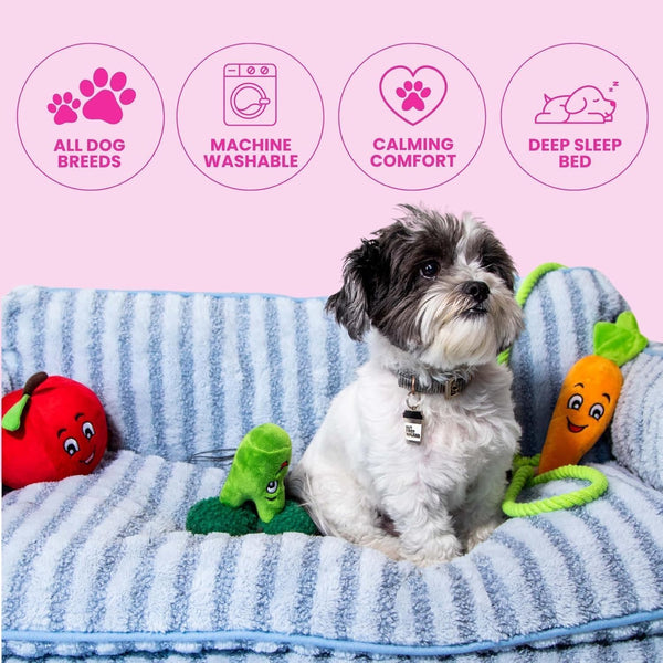 Dog Bed, Sofa Style Dog Couch for Pets, Plush Faux Sherpa, Machine Washable, Striped Pattern, Calming Comfort, Durable Construction, Easy to Clean, Grey/White, Medium