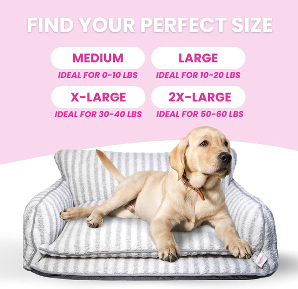 Dog Bed, Sofa Style Dog Couch for Pets, Plush Faux Sherpa, Machine Washable, Striped Pattern, Calming Comfort, Durable Construction, Easy to Clean, Grey/White, Medium
