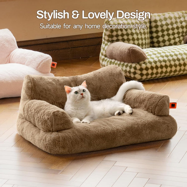 Dog Couch, Supportive Small Dog Bed for Puppy and Cats with Removable Washable Cover, Fluffy Cat Couch with Non-Slip Bottom (Camel, 26.0" L X 19.0" W X 13.0" Th)