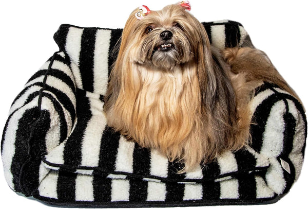 Dog Bed, Sofa Style Dog Couch for Pets, Plush Faux Sherpa, Machine Washable, Striped Pattern, Calming Comfort, Durable Construction, Easy to Clean, Grey/White, Medium