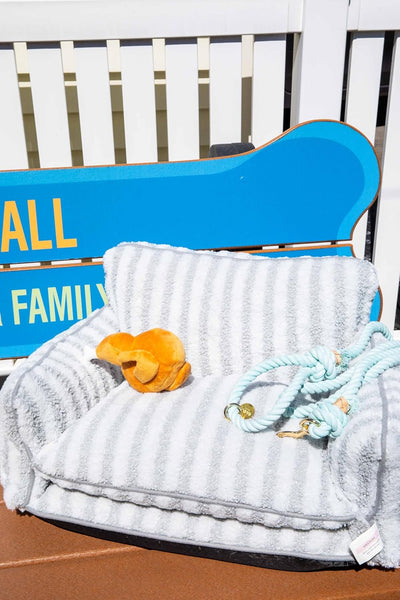 Dog Bed, Sofa Style Dog Couch for Pets, Plush Faux Sherpa, Machine Washable, Striped Pattern, Calming Comfort, Durable Construction, Easy to Clean, Grey/White, Medium