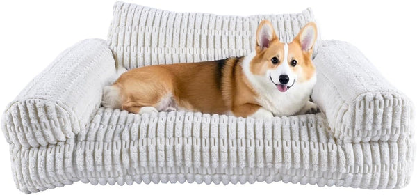 Cute Couch for Pets, Fluffy Pets Sofa with Soft Corduroy Fleece, Supportive Pet Sofa with Non-Slip Bottom, 40Inch, Cream