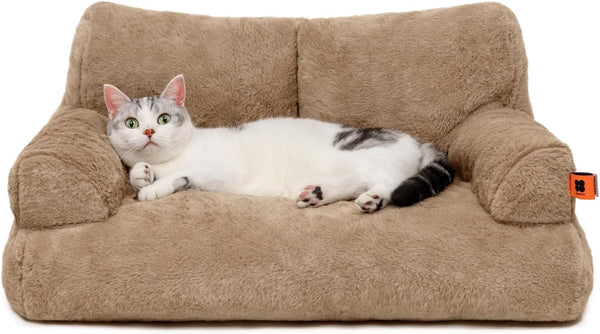 Dog Couch, Supportive Small Dog Bed for Puppy and Cats with Removable Washable Cover, Fluffy Cat Couch with Non-Slip Bottom (Camel, 26.0" L X 19.0" W X 13.0" Th)