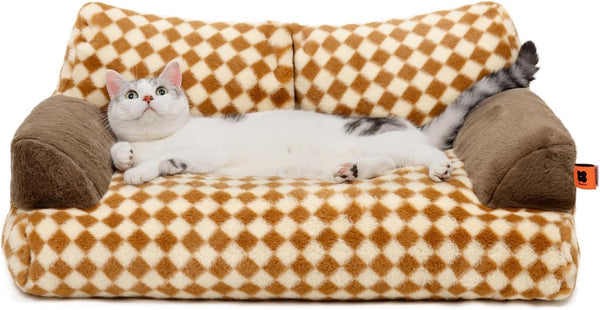 Dog Couch, Supportive Small Dog Bed for Puppy and Cats with Removable Washable Cover, Fluffy Cat Couch with Non-Slip Bottom (Camel, 26.0" L X 19.0" W X 13.0" Th)