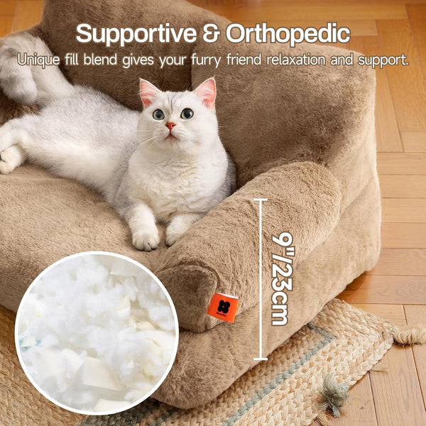 Dog Couch, Supportive Small Dog Bed for Puppy and Cats with Removable Washable Cover, Fluffy Cat Couch with Non-Slip Bottom (Camel, 26.0" L X 19.0" W X 13.0" Th)