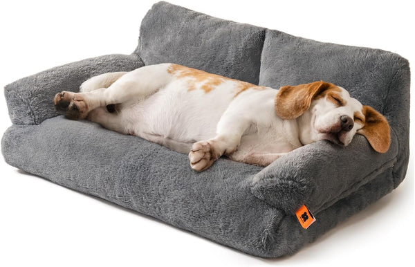 Dog Couch, Supportive Small Dog Bed for Puppy and Cats with Removable Washable Cover, Fluffy Cat Couch with Non-Slip Bottom (Camel, 26.0" L X 19.0" W X 13.0" Th)