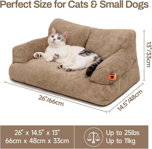 Dog Couch, Supportive Small Dog Bed for Puppy and Cats with Removable Washable Cover, Fluffy Cat Couch with Non-Slip Bottom (Camel, 26.0" L X 19.0" W X 13.0" Th)