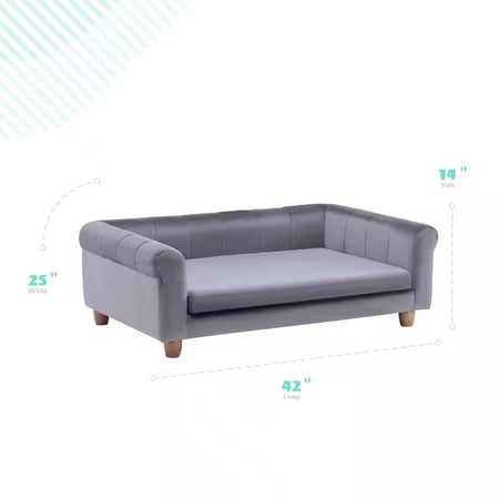 42 In. Large Elegant Gray Faux-Velvet Rectangle Pet Bed for Medium and Large Dogs