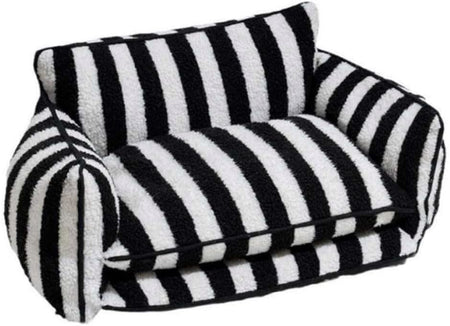 Dog Bed, Sofa Style Dog Couch for Pets, Plush Faux Sherpa, Machine Washable, Striped Pattern, Calming Comfort, Durable Construction, Easy to Clean, Grey/White, Medium