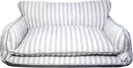 Dog Bed, Sofa Style Dog Couch for Pets, Plush Faux Sherpa, Machine Washable, Striped Pattern, Calming Comfort, Durable Construction, Easy to Clean, Grey/White, Medium