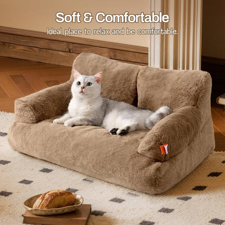 Dog Couch, Supportive Small Dog Bed for Puppy and Cats with Removable Washable Cover, Fluffy Cat Couch with Non-Slip Bottom (Camel, 26.0